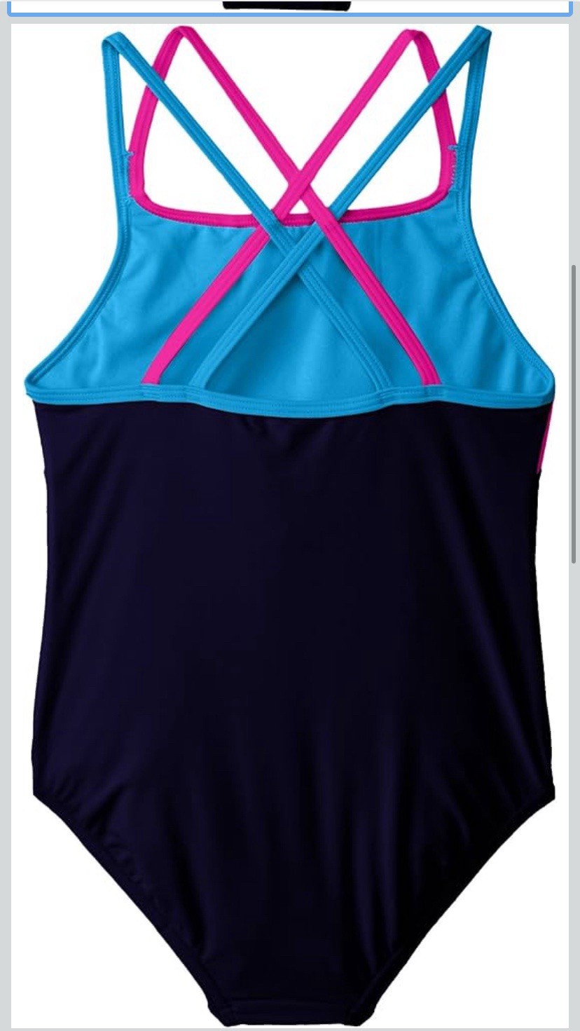 Speedo Cross Back One Piece Competitive Swimwear Navy Pink Blue Size 12