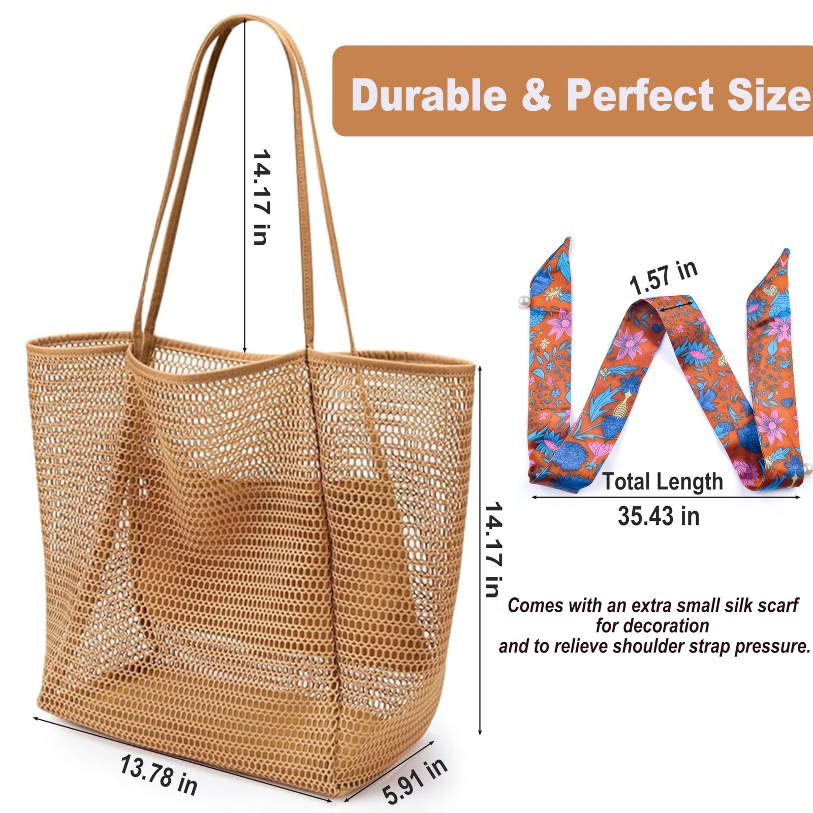 Mesh Beach Tote Bag with Silk Scarf, Large Foldable Sandproof Travel Bag, Bre…