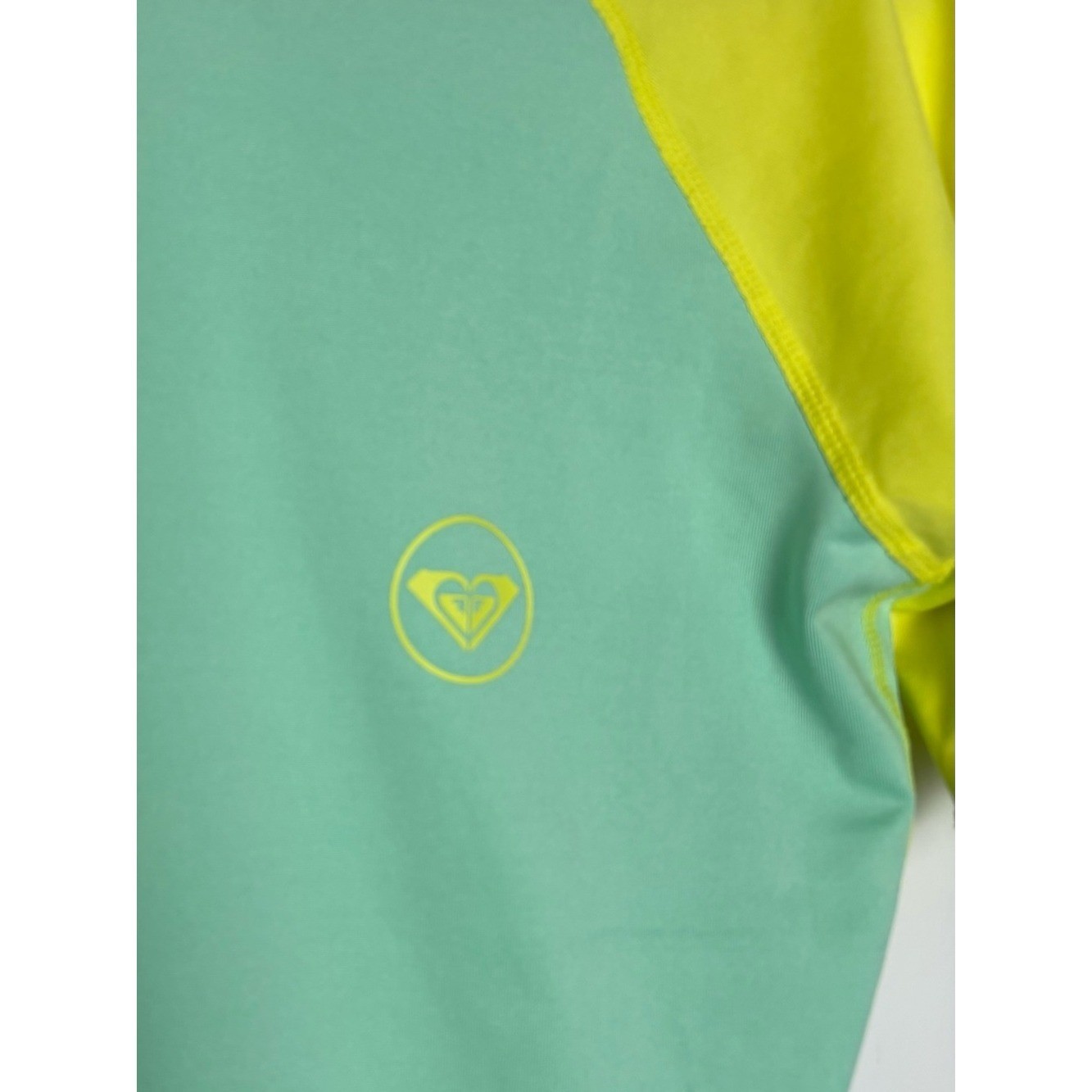 Roxy XL Rash Guard Swim Top Aqua Neon Yellow Short Sleeve Surf UPF Beach