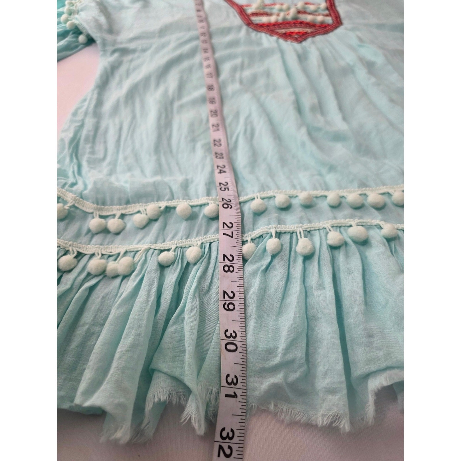 Debbie Katz Tunic L Aqua Embroidered Pom Pom Boho Beach Cover Up