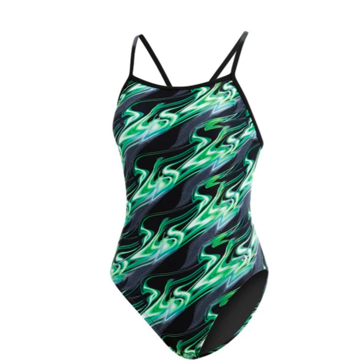 Dolfin Uglies Womens One Piece Swimsuit 36 Green Black Swirl Flame Athletic Swim