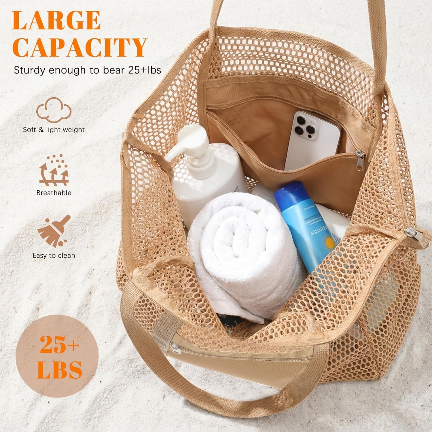 Women’s Mesh Beach Bag, Stylish Beach Tote for Swimming, Travel & Vacatio