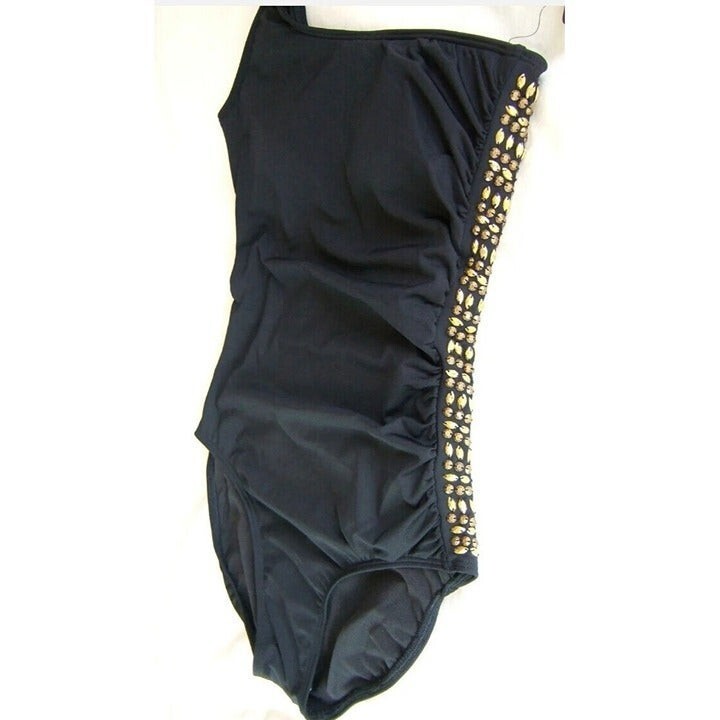 Laundry by Shelli Segal Black Gold One Shoulder Ruched Swim Suit Size S!!!