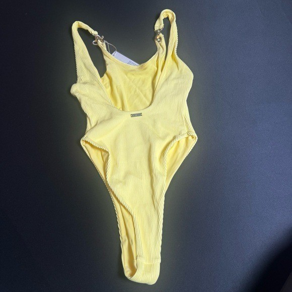 NWT Meshki Zara Yellow Ribbed Kids One-Piece Swimsuit Metal Ring