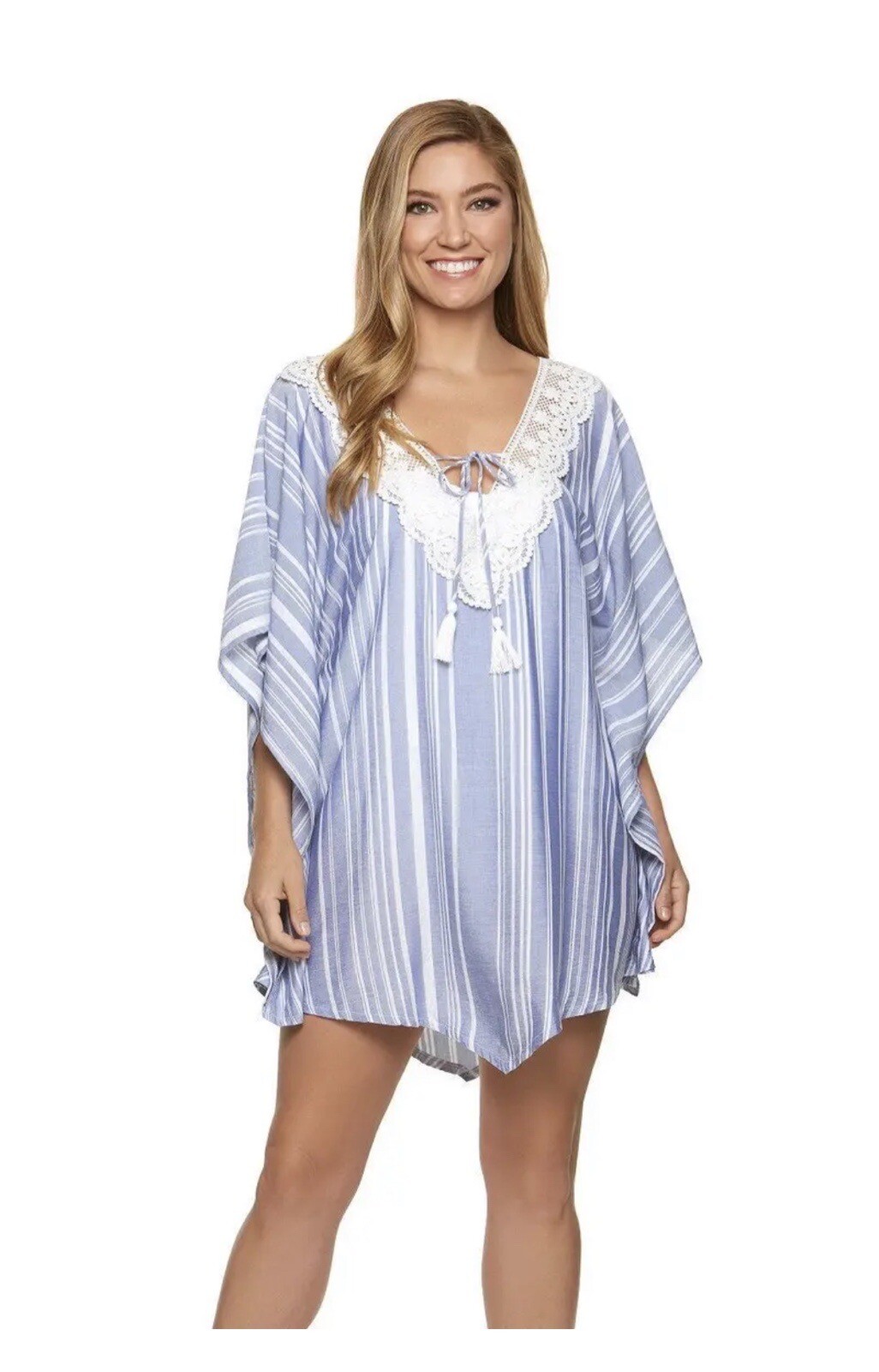 NWT Dotti Denim Blue Striped Poncho Tassel Swimsuit Cover Up Women’s Size Large