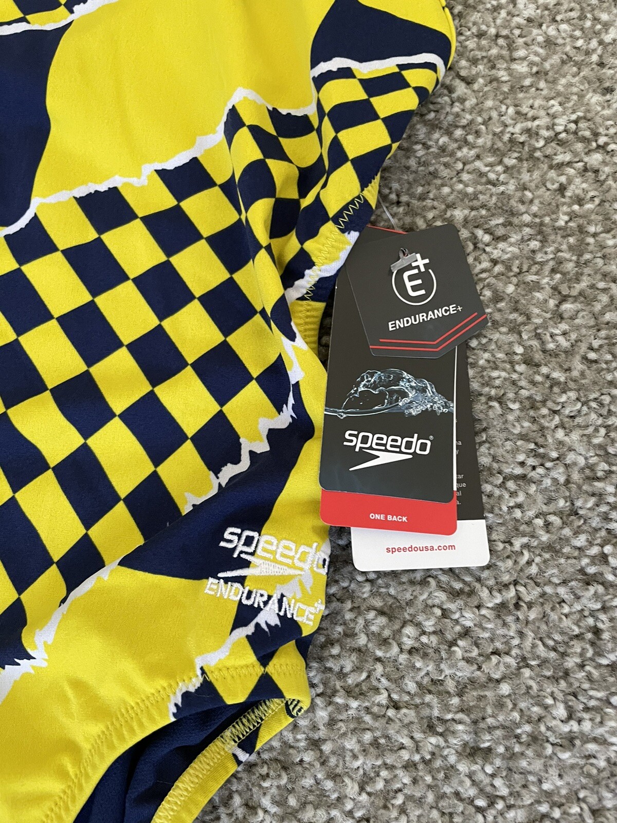Speedo Endurance Flyback One Piece Swimsuit Womens Size 26 Blue Yellow NWT $84
