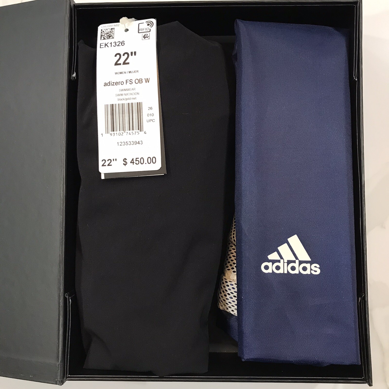 NEW Adidas Adizero XX Open-Back Swimsuit – Black/Gold Lining – 22” (EK1326) $450