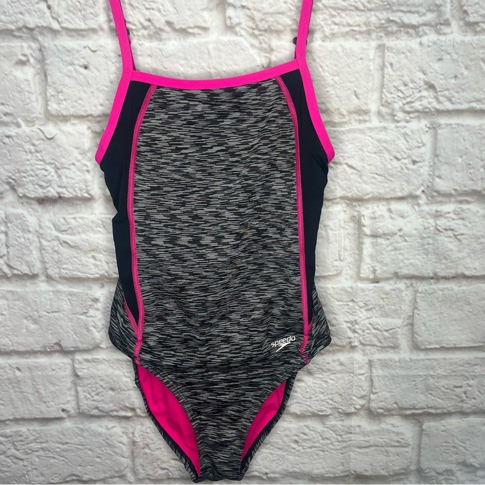 Speedo One Piece Black White Pink Swimsuit size 8