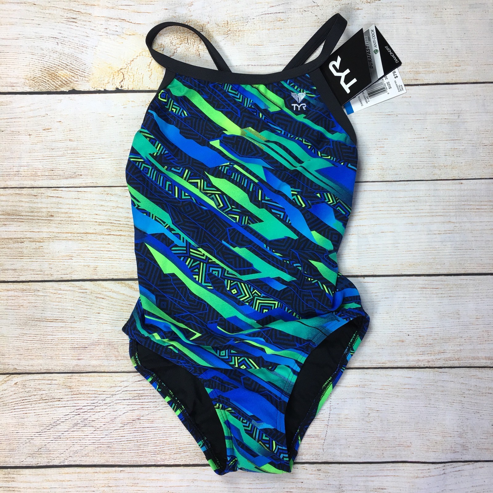 TYR Womens Ardent Diamondfit One Piece Performance Blue/Green Swimsuit 30 XS 0-2