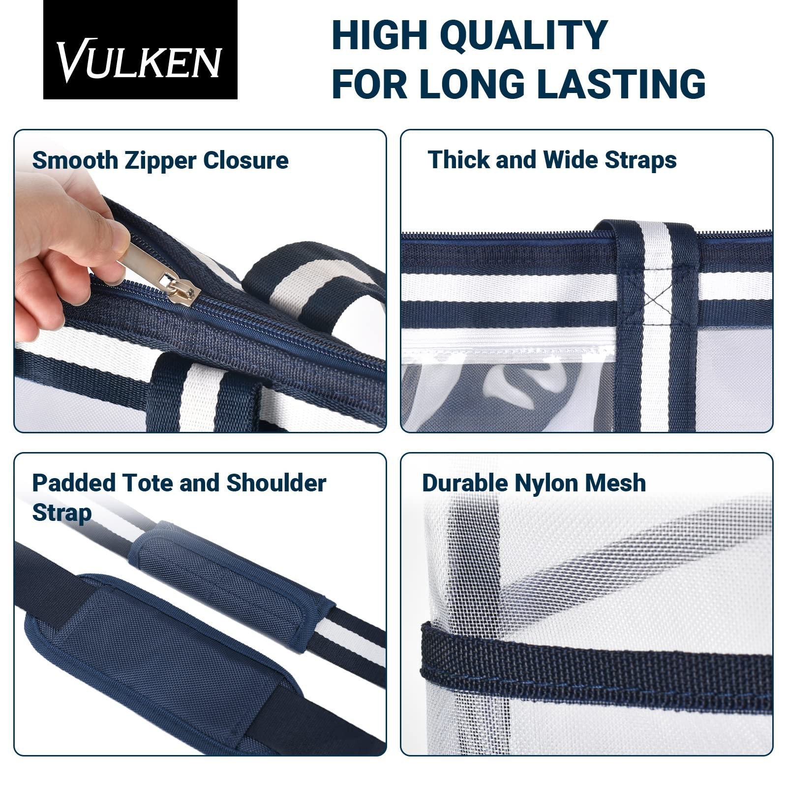 Vulken 42L Extra Large Mesh Beach Bag. 9 Pockets Top Zip Tote Bag Shoulder Bag