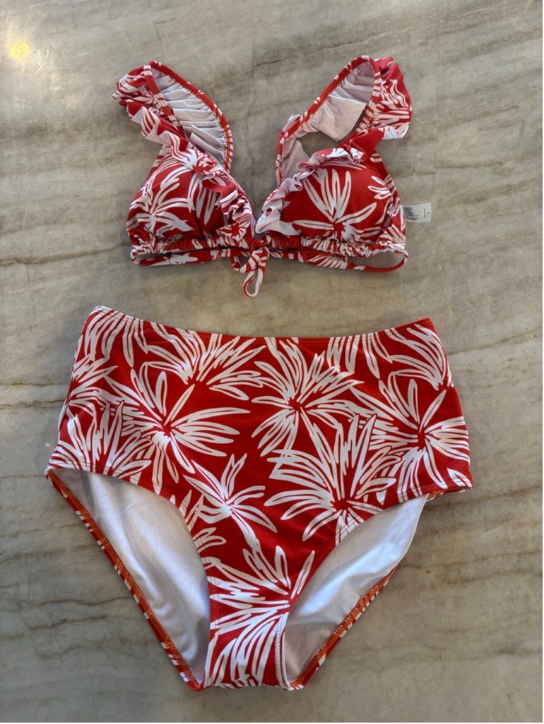 Women’s Unbranded burnt orange White Floral High Waist Ruffle Bikini Swimsuit L