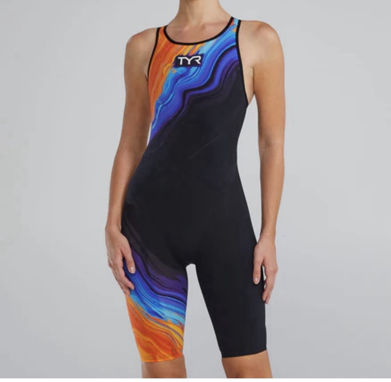 TYR Women’s Venzo Volconyx Open Back Tech Suit Size 28 NWT Orange Blue Black
