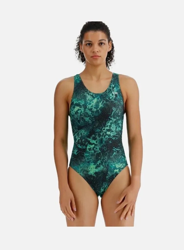 TYR Diploria Maxfit Women’s 30(XS) 1Pc Athletic Swimsuit Green Black Racerback
