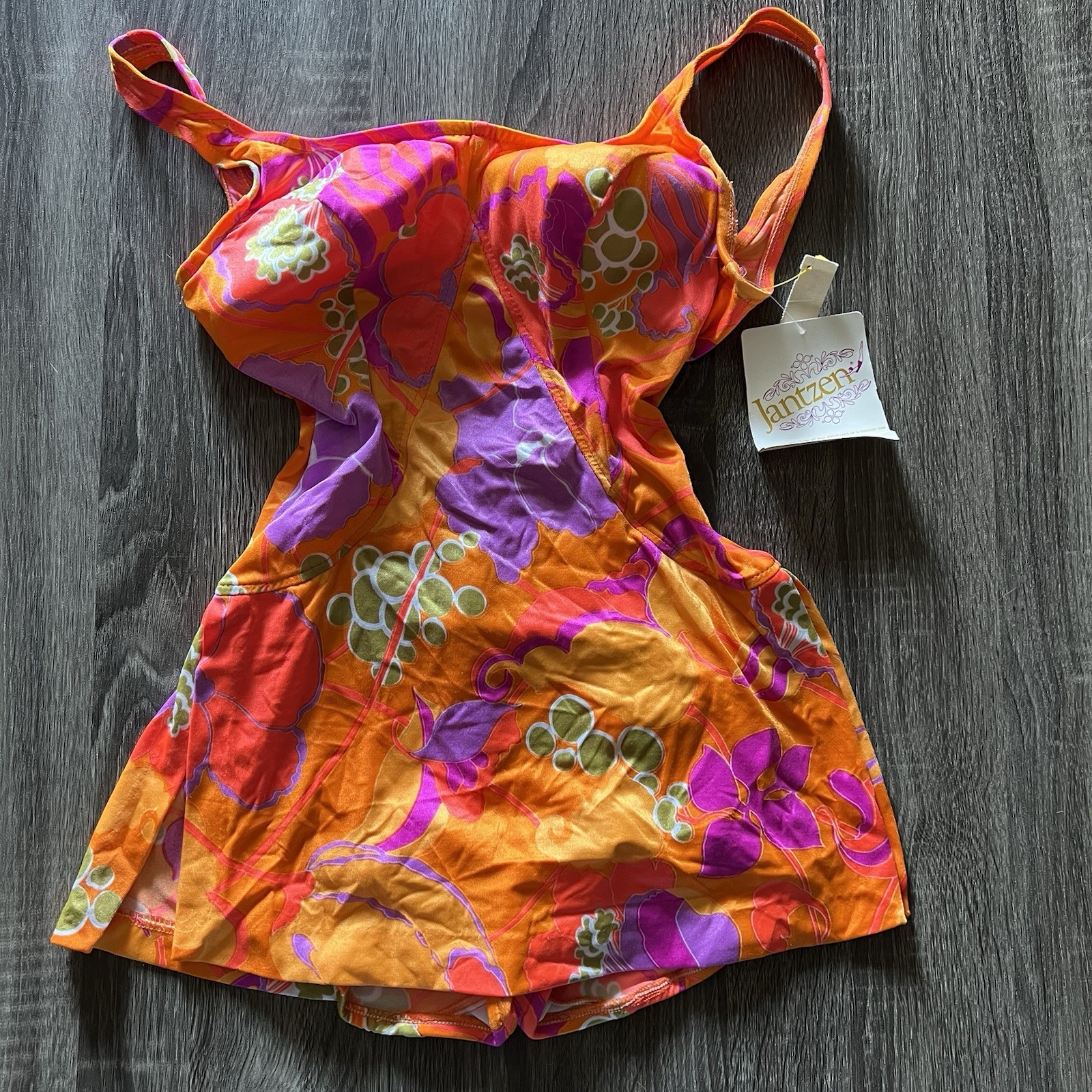 Vintage JANTZEN Orange Floral ONE-PIECE SKIRTED SWIMSUIT Beach Pool Womens 12