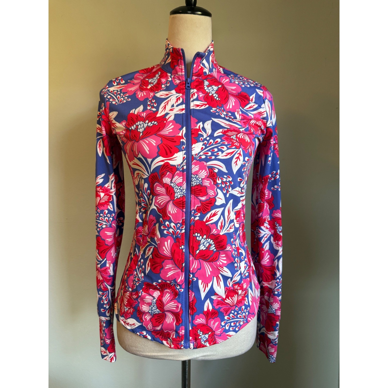 Sigrid Olsen Golf Tennis Jacket Blue Pink Floral Zip XS rash guard preppy resort