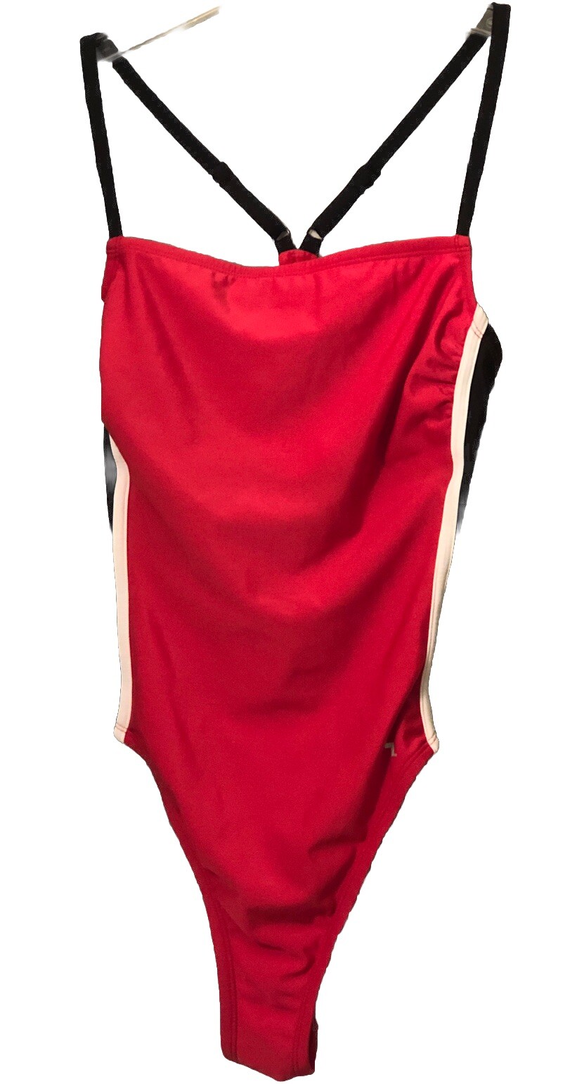 Joy Lab Racer Back Women Swimsuit M Red Black Color Block Corset SlimmerSwimmer
