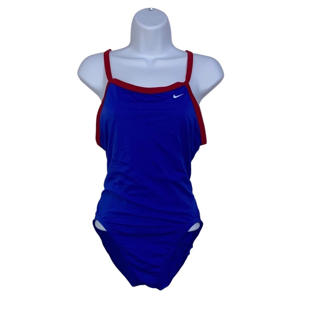 Nike Swimsuit One Piece Criss Cross Back Athletic Training Blue Red Size 12