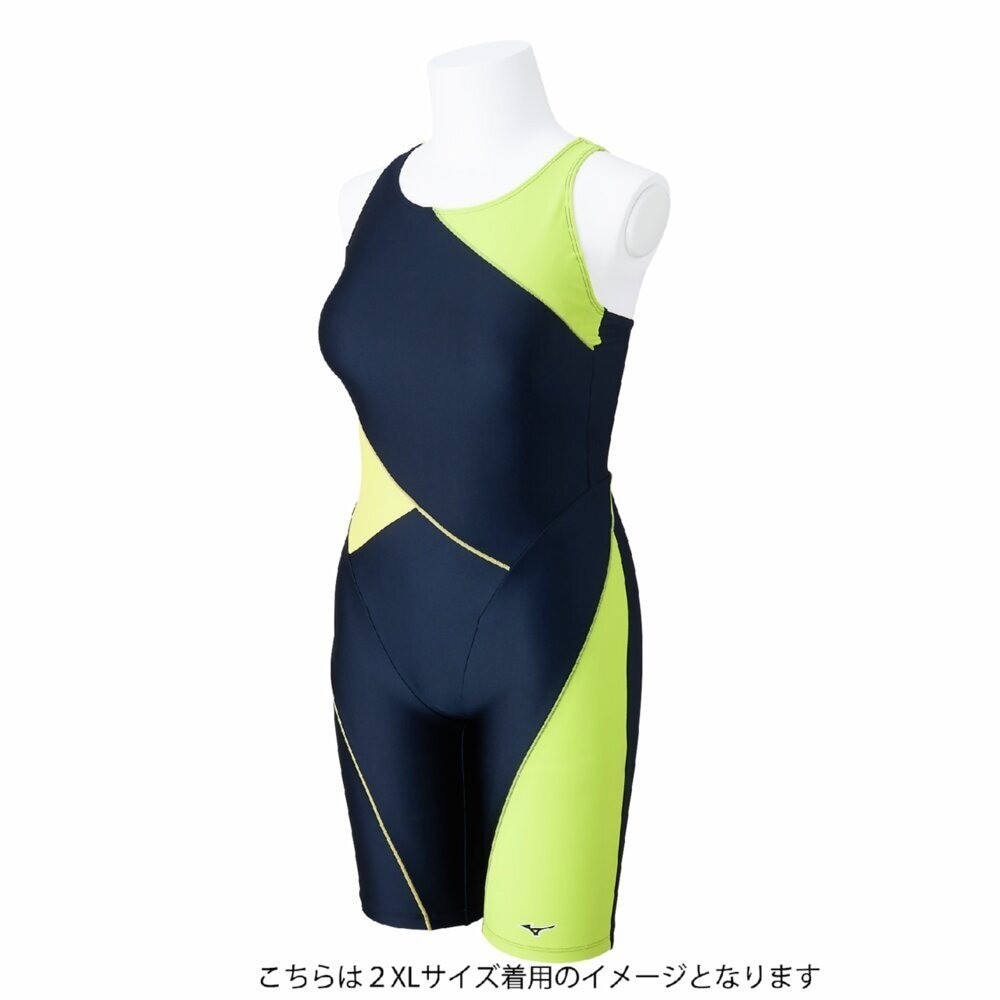 Mizuno Women’s Swim Fitness All-in-One Swimsuit Two-Tone Design Navy/Lime 2025SS