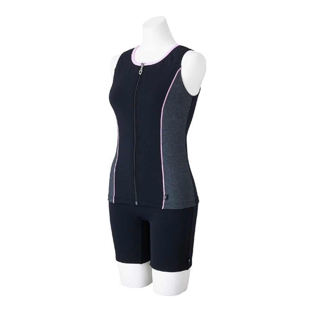 Mizuno Women’s Aqua Fitness Two-Piece Swimsuit Front Zip Tank Top Black/Pink