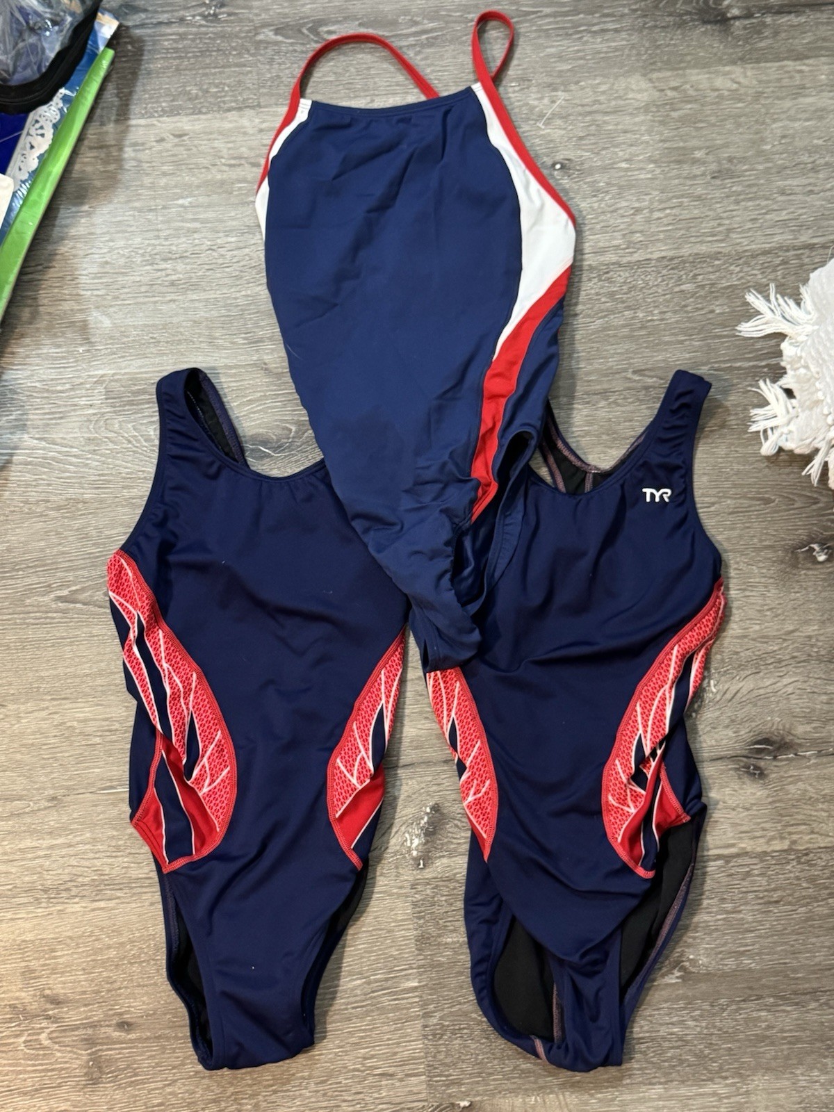 Lot of 3 Competition Swim One Pieces Red White Blue Speedo Endurance + TYR 6/32