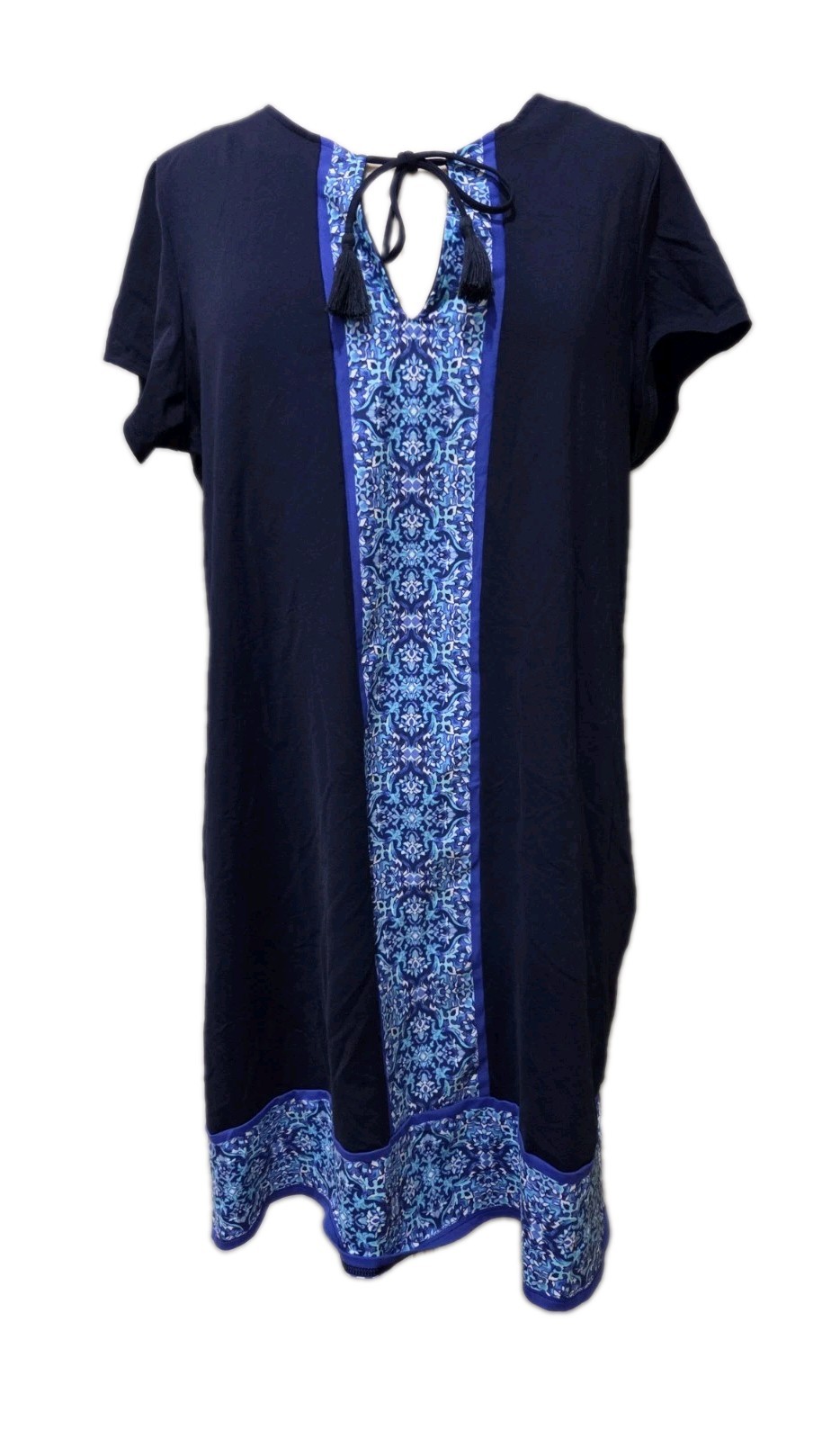 Lands End Size L Swim Dress Cover Up Navy Blue Medallion Floral Trim Tassels