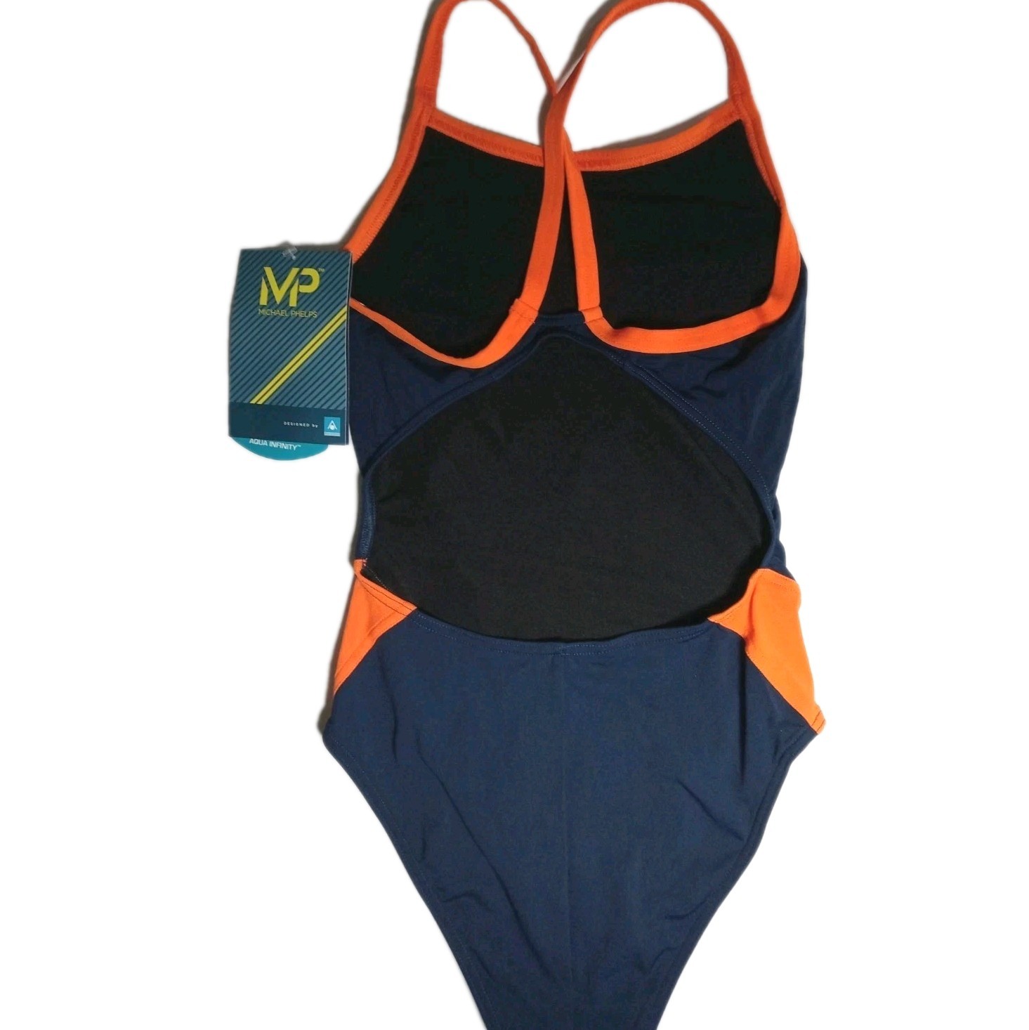 Michael Phelps Comp Back Splice Navy Blue Orange One Peice Swimsuit Size 32 NWT