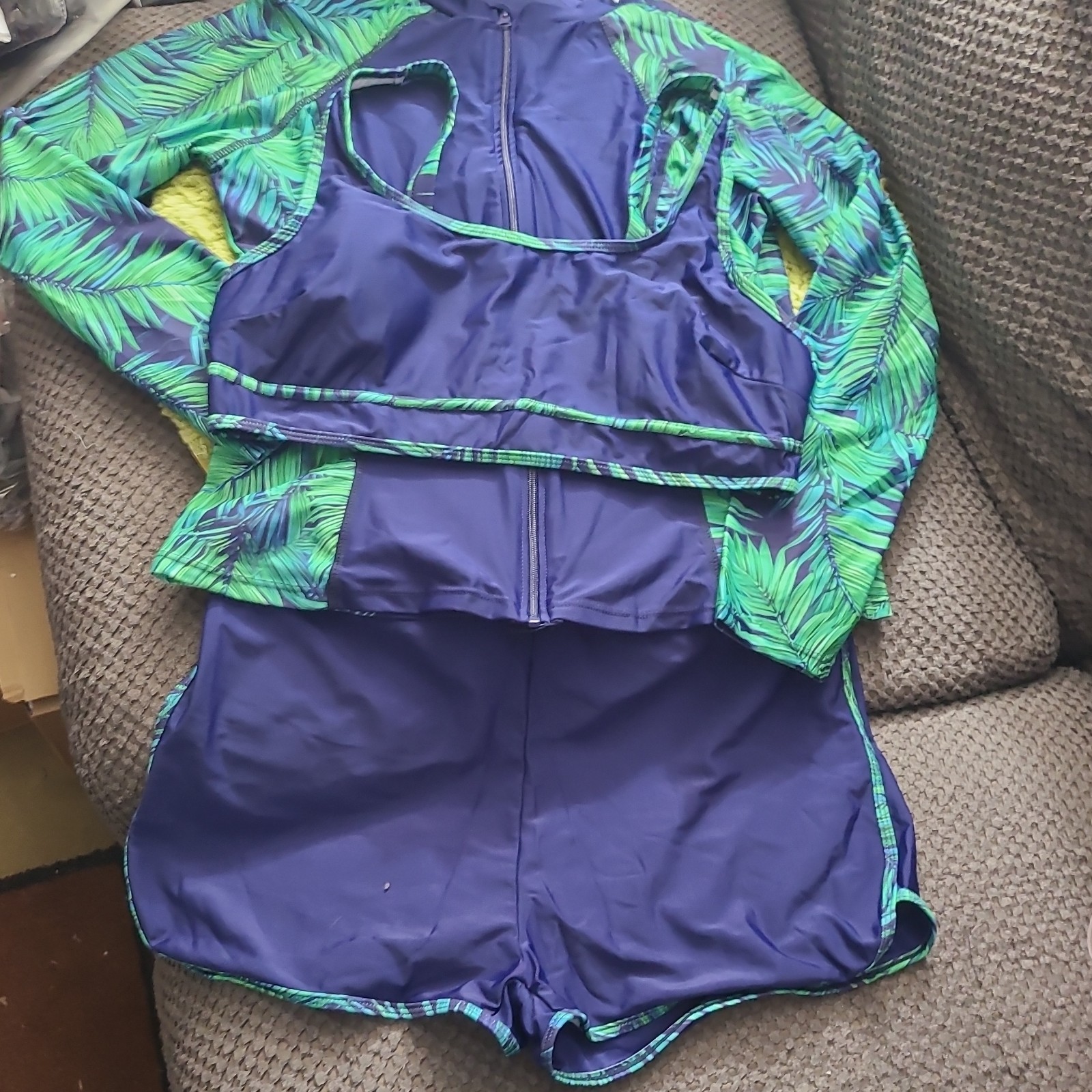 Women’s XXL Blue & Green Leaf Competitive Swimwear Set Zip Jacket Shorts