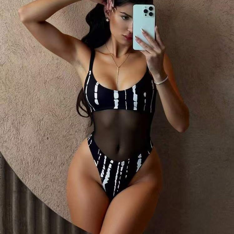 Women One-Piece Swimsuit, Printed Mesh Patchwork Bikini