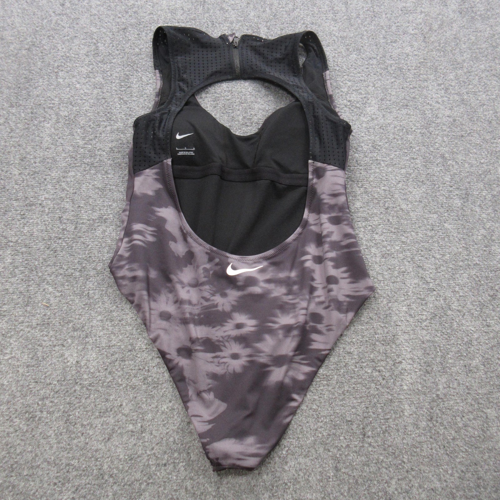 Nike Women’s One Piece Swimsuit Large Black Floral Zip Back Racer Athletic Suit