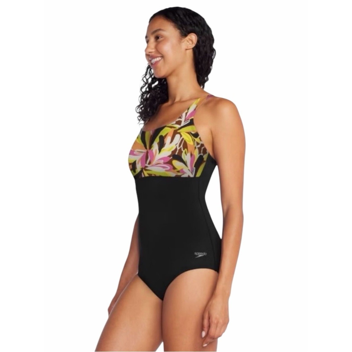 Speedo Fandango Pink Tropical Print Black Swimsuit Size 12 New