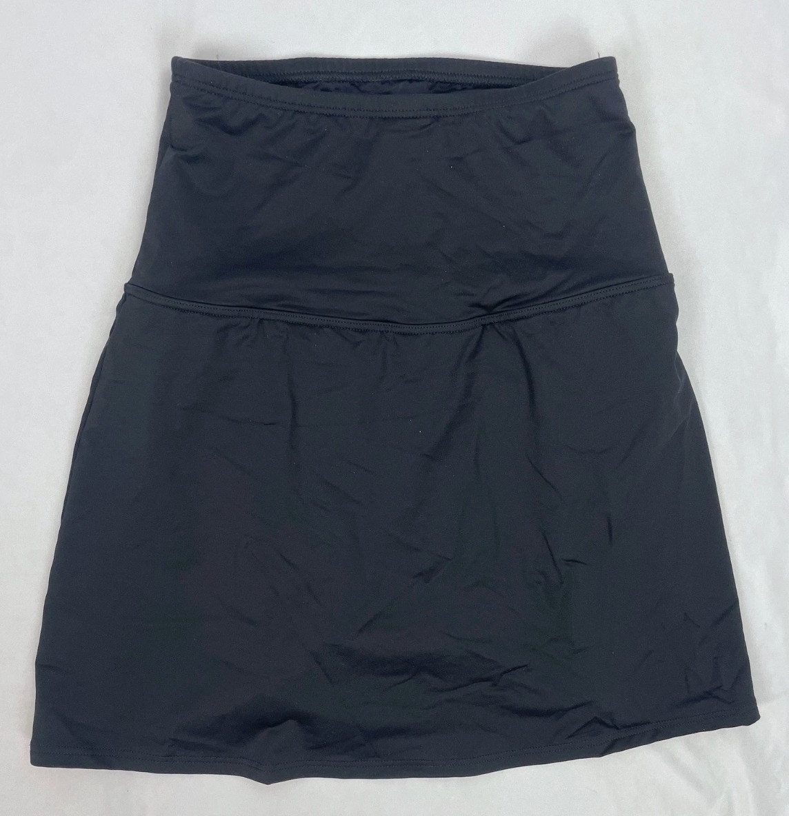 Lands End Women Swim Skirt 14 Solid Black High Waisted Tummy Slimming Brief Suit