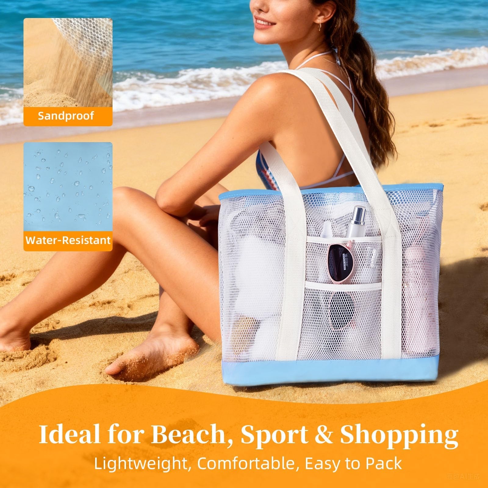 Extra Large Mesh Beach Tote Bag for Women with Zipper Sandproof Waterproof 9 …