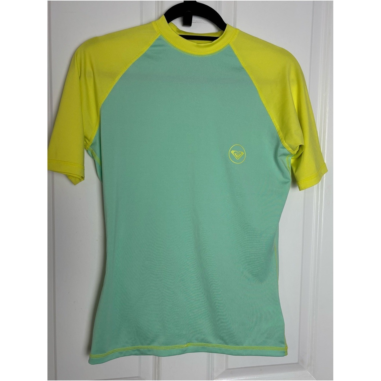 Roxy XL Rash Guard Swim Top Aqua Neon Yellow Short Sleeve Surf UPF Beach