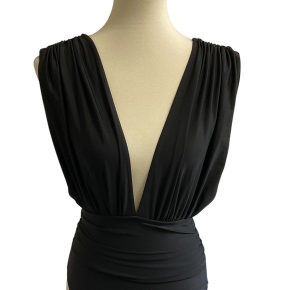 SHIYISHENG Swimsuit Deep V-Neck Ruched One Piece Womens Large Black