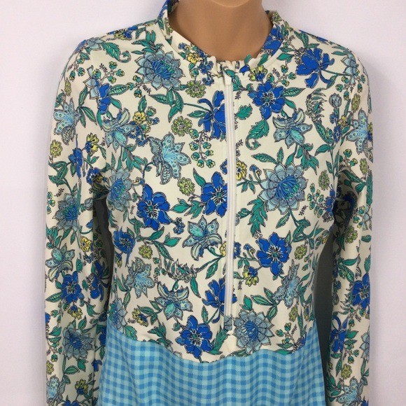Land’s End Tugless Sporty UPF 50 Floral Gingham Long Sleeve Swimsuit Size 12