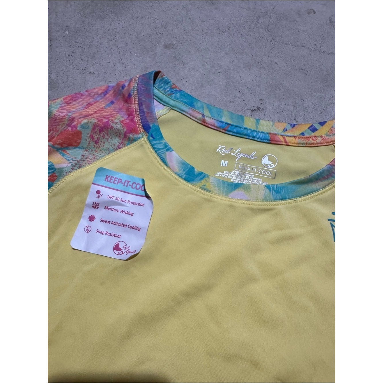 Reel Legends NWT Rash Guard Women Size Medium Yellow Tropical Short Sleeve Swim