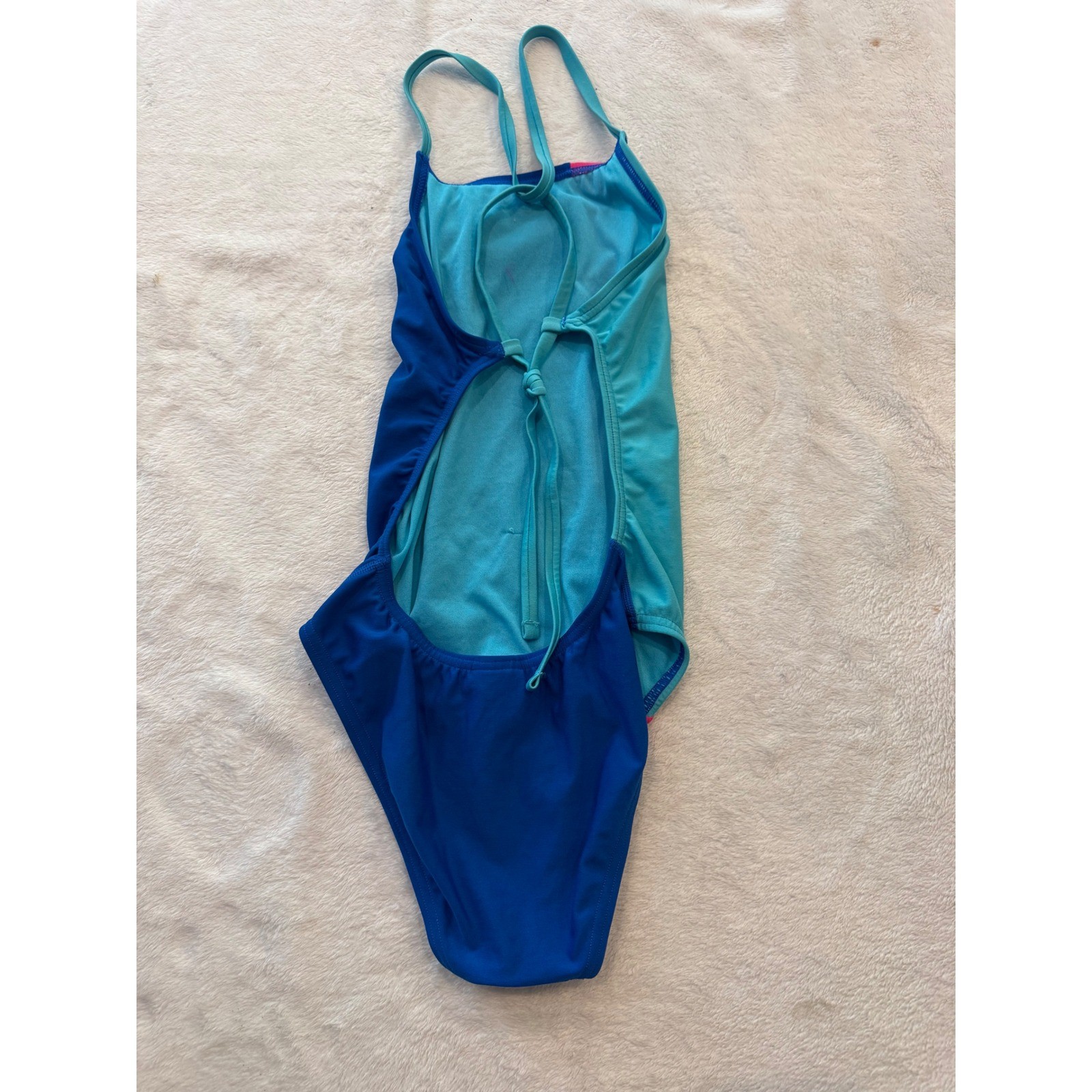 Speedo Endurance+ Women 30 Colorblock Tie Back One Piece Swimsuit Blue Pink Teal