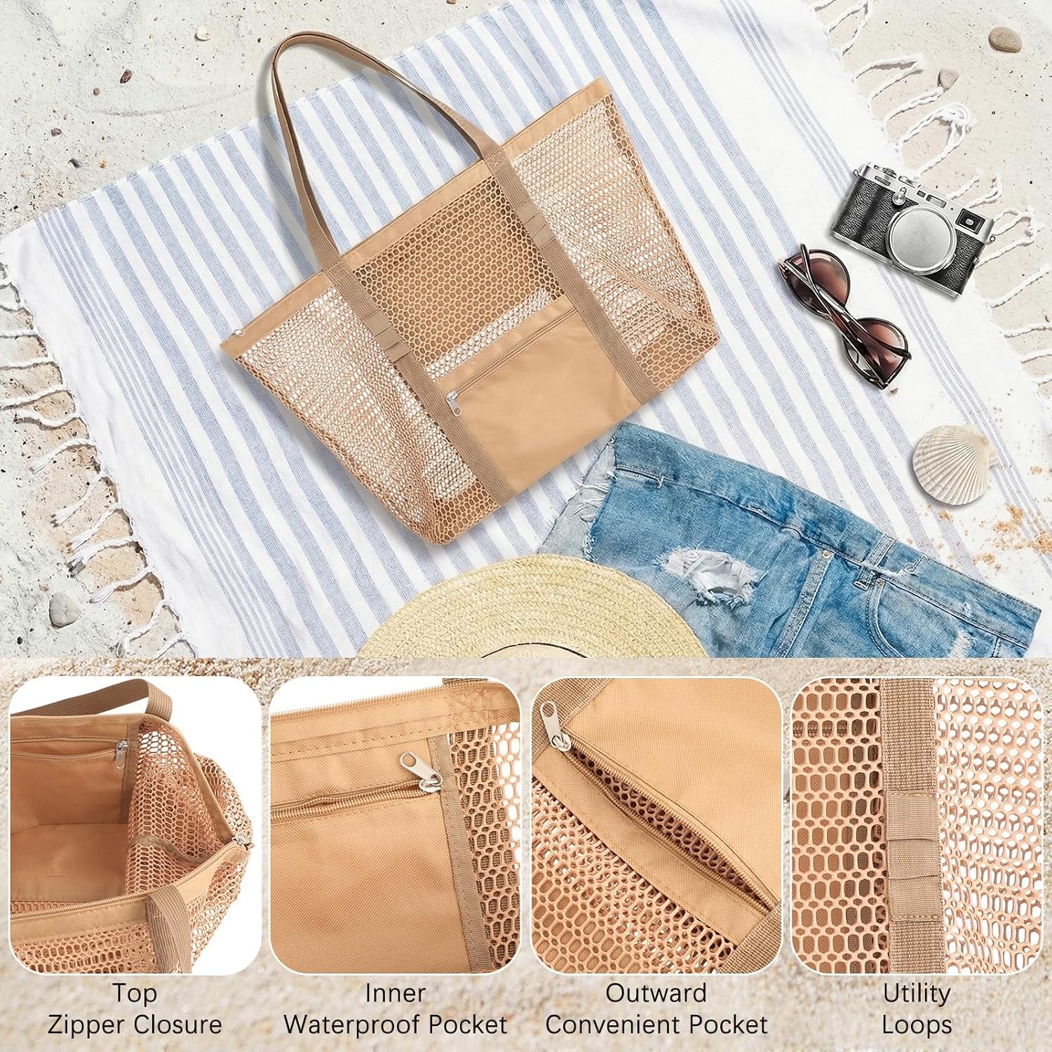 Women’s Mesh Beach Bag, Stylish Beach Tote for Swimming, Travel & Vacatio