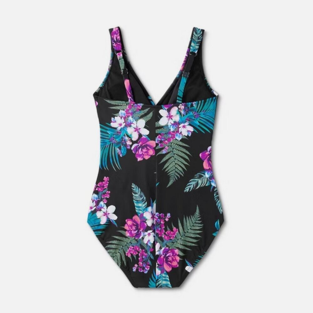 Waist Detail Over the Shoulder One Piece Swimsuit – Aqua Green® Black Foral XL