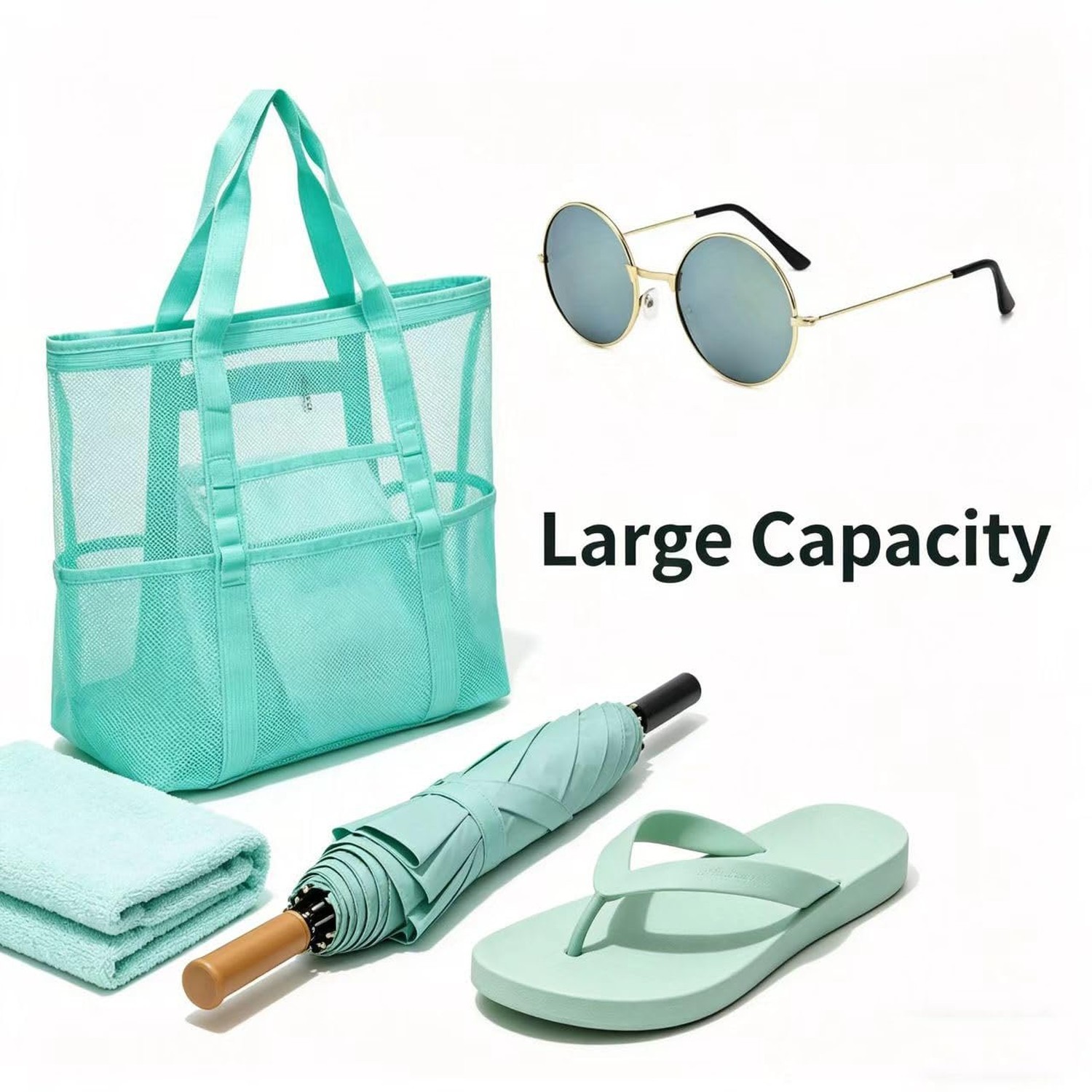 Mesh Beach Tote with Zipper Pockets,with a pair of Sunglasses X-Large Blue