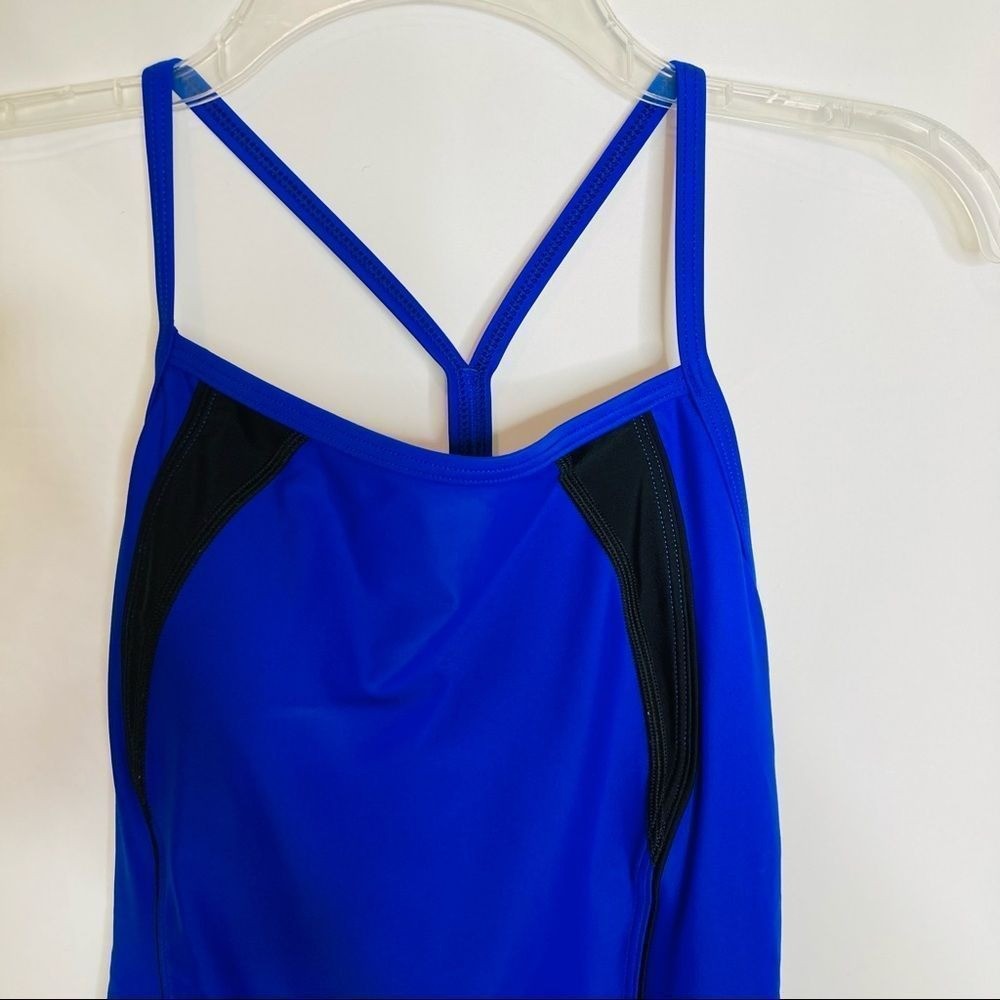 Speedo Blue Racerback Athletic Training One Piece Swimsuit Black Stripe M (8/10