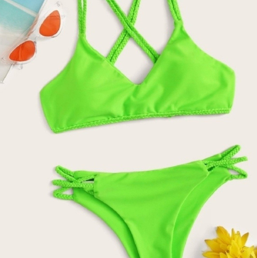 Brand New! Neon Green Bikini set With Braided Straps- Medium