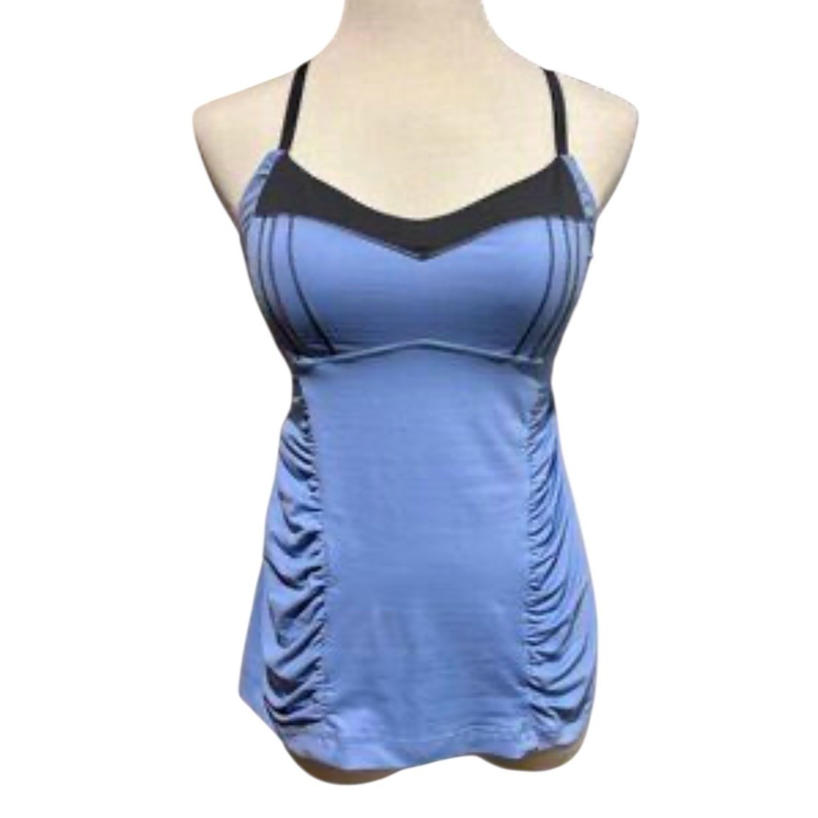 Lululemon Blue Purple Tank Top Ruching Sides Grey Trim Athletic Women’s Sz 4