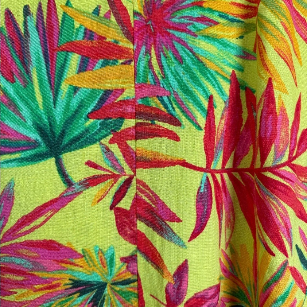Magischoni Women’s 100% Linen Tropical Print Mini Dress Puff Sleeve Dress Sz S