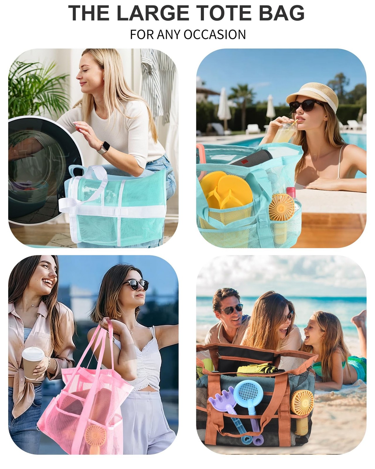 Genteen 40L Mesh Beach Bag, Foldable Sandproof Tote with Waterproof Pocket Qu…