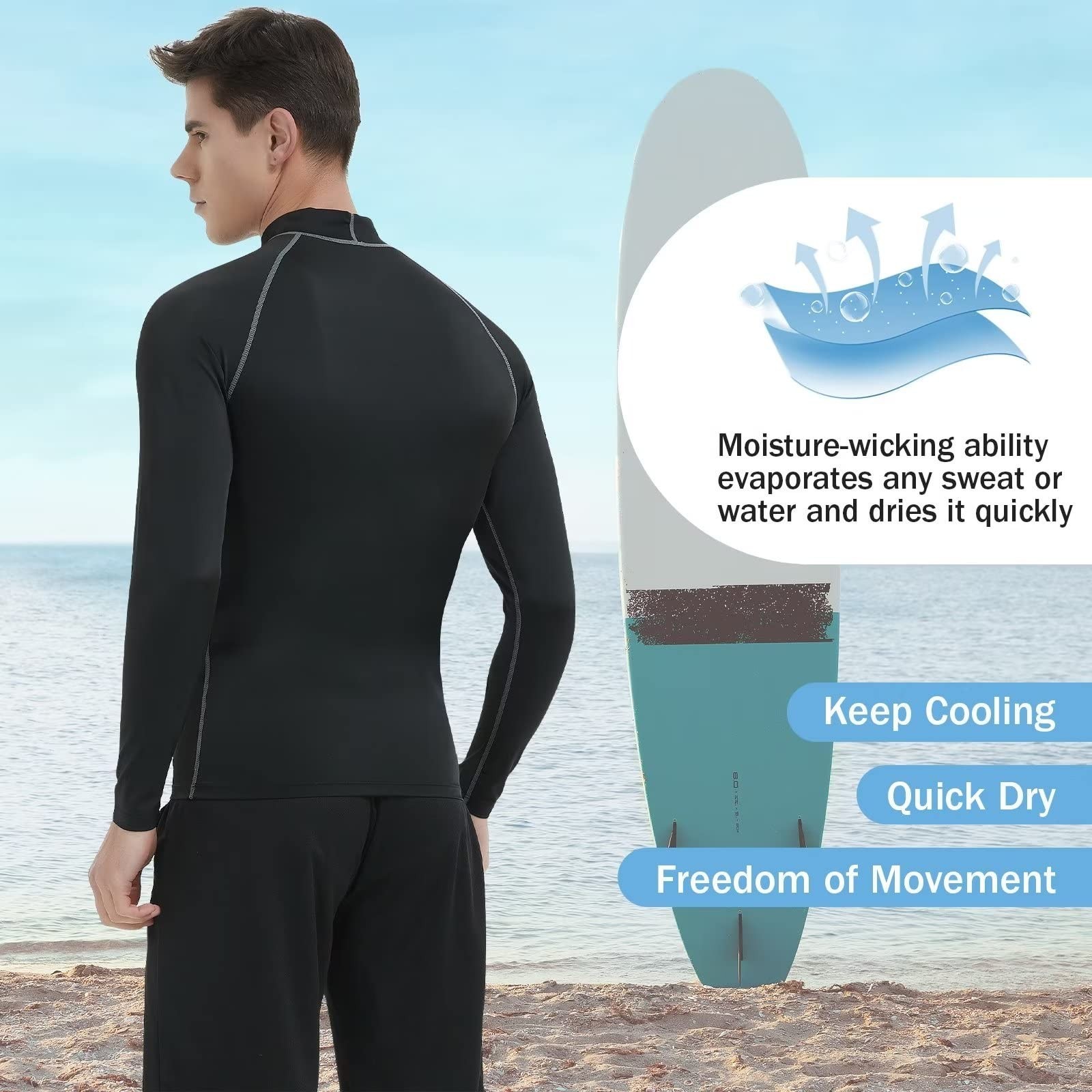 Rash Guard for Men Long Sleeve UPF 50+ Mens Swim Shirts UV Protection Compres…