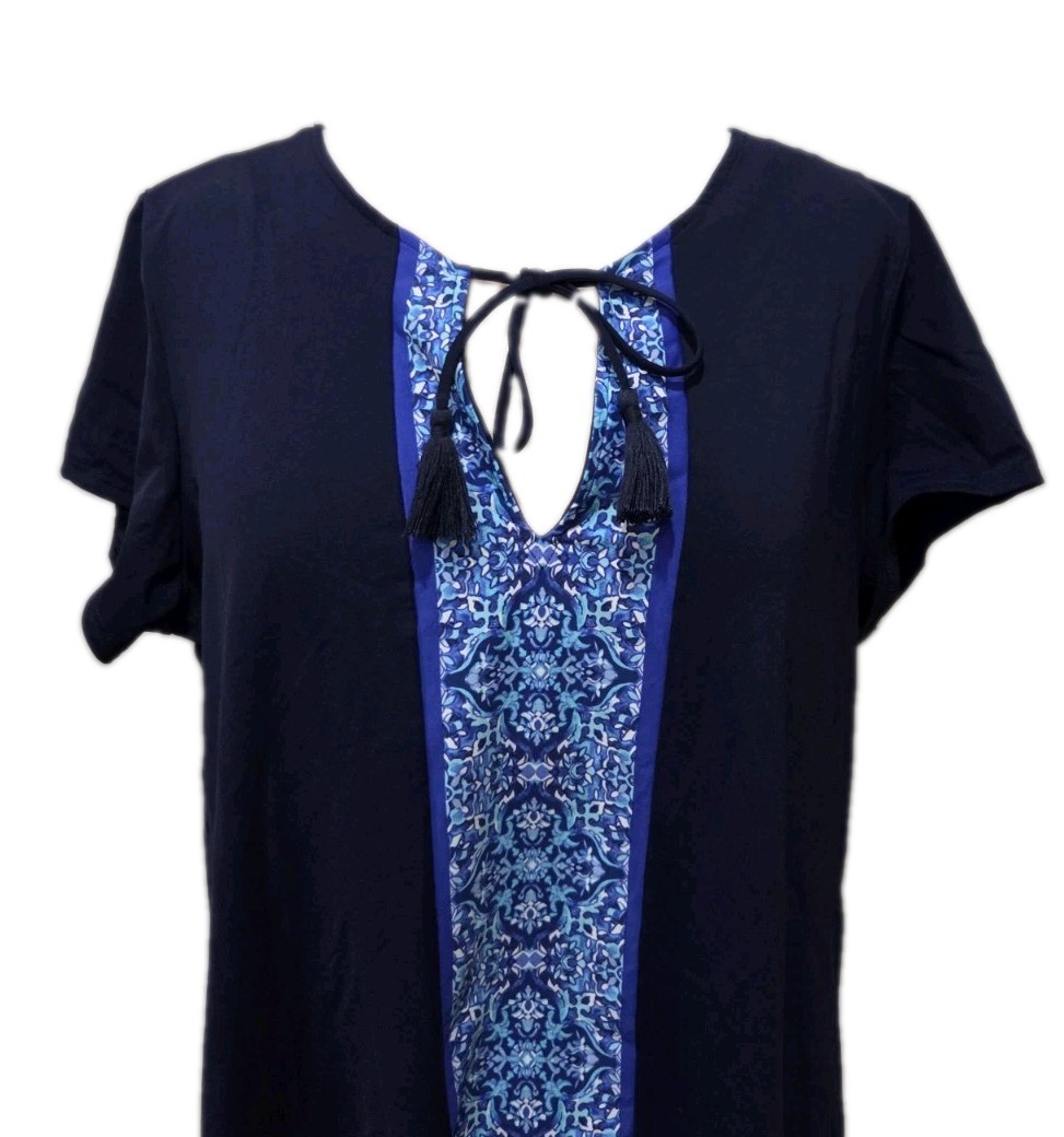 Lands End Size L Swim Dress Cover Up Navy Blue Medallion Floral Trim Tassels