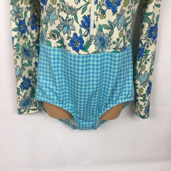 Land’s End Tugless Sporty UPF 50 Floral Gingham Long Sleeve Swimsuit Size 12