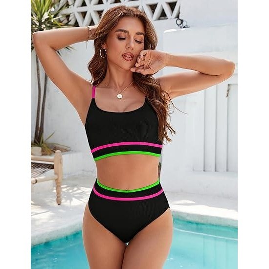 MSRP $43 BMJL Women’s Black S High Waisted Bikini Ribbed Two Piece Swimsuit Hi
