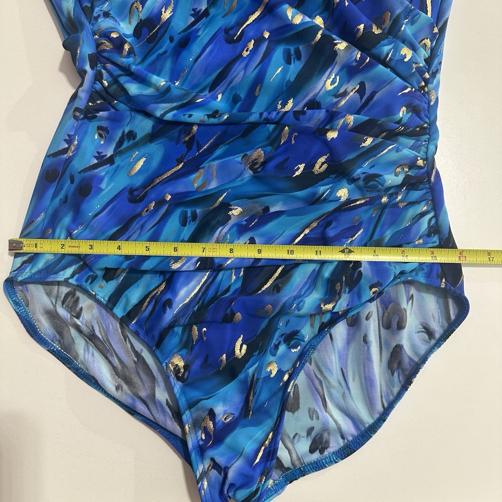 Miraclesuit Animal Magnetism Temptress Wrap One Piece Swimsuit Blue Gold Size 6?
